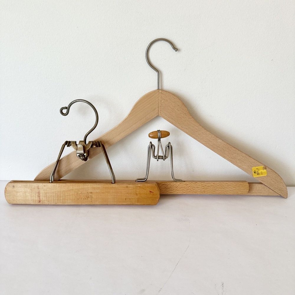 Lot of 2 Heavy Duty Wooden Suit Hangers 18" Unbranded 1 W. Germany & 10” Setwell